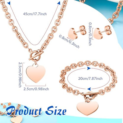 3 Pcs Heart Bow Snow Jewelry Set | Heart Necklace with Bracelet Earring, Snow Jewelry Set for Women, Bow Charms Toggle Gifts - color: Rose Gold, style: Stainless Steel Heart