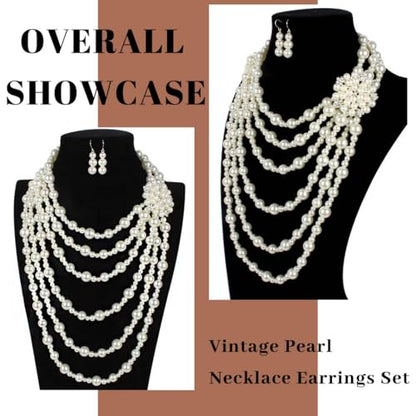 Gangel Pearl Necklace Earring Set Faux Layered Pearls Necklaces Bridal Wedding Jewelry Multi Strand Pearl Necklace for Women
