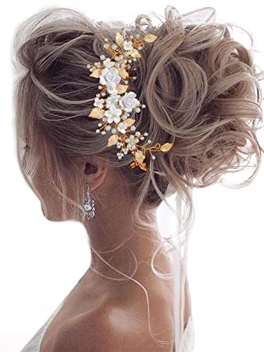 Flower Bride Wedding Hair Vine Pearl Bridal Hair Piece Leaf Hair Accessories Rhinestone Headband for Women (Gold) - color: Gold