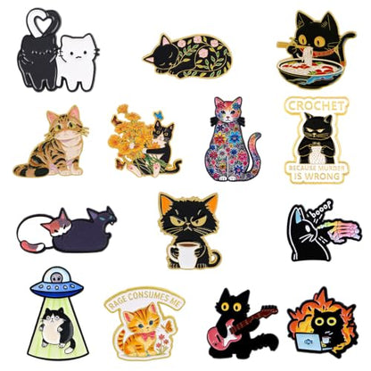 4/6/9/10/12/16/20PCS Cute Enamel Pins Bulk Set, Art Aesthetic Lapel Brooches, Humorous Quote Pins for Backpacks Jackets Hats Bags, Novelty Cool Badges for Women, Men, Teens, Kids - style: 14pcs Cat
