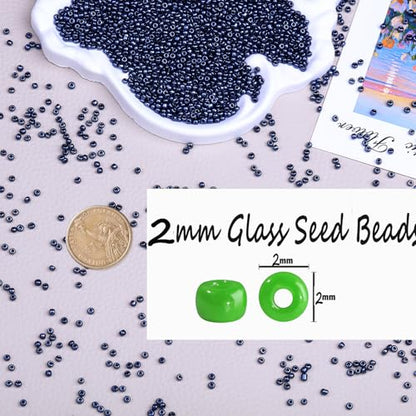 2mm Glass Seed Beads Bulk, Gunmetal Black 12/0 Tiny Round Seed Bead, Small Mini Pony Craft Beads for Bracelet Necklace Wrist Jewelry Making Beading Weaving DIY Crafts Supplies - color: Gunmetal Black