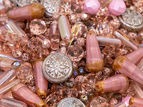 2.1oz (60 g) Mix of Unique Czech Bohemia Glass Pressed Beads, Dirty Pink Antique, Table Cut, Matte and Glossy, Faceted Fire Polish, Hand Made Set Kit BCV - color: Antique Dirty Pink