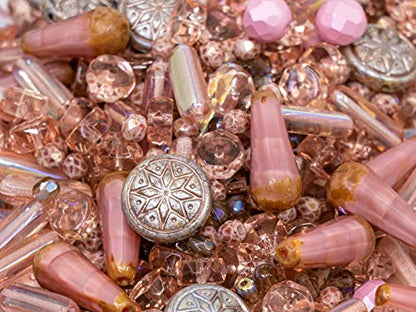 2.1oz (60 g) Mix of Unique Czech Bohemia Glass Pressed Beads, Dirty Pink Antique, Table Cut, Matte and Glossy, Faceted Fire Polish, Hand Made Set Kit BCV - color: Antique Dirty Pink