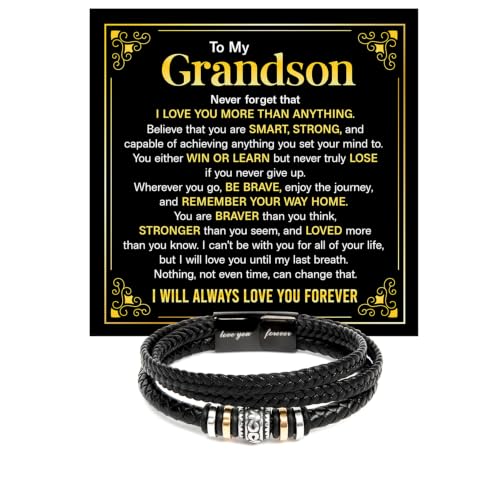 To My GrandSon Bracelet – Love You Forever Braided Leather Bracelet, Meaningful GrandSon Gift from Grandpa & Grandma with Heartfelt Message Card & Elegant Gift Box for Birthday, Christmas - color: Version#2