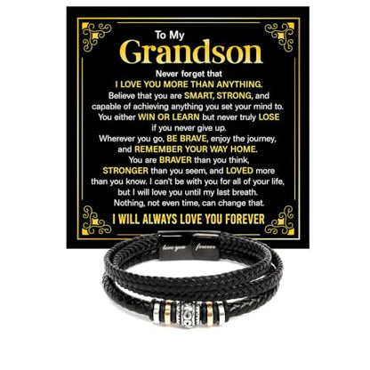 To My GrandSon Bracelet – Love You Forever Braided Leather Bracelet, Meaningful GrandSon Gift from Grandpa & Grandma with Heartfelt Message Card & Elegant Gift Box for Birthday, Christmas - color: Version#2