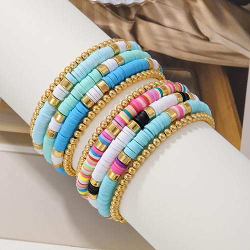 Friendship Bracelets for Women - Heishi Surfer Colorful Smile Evil Eye Clay Beaded Stretch Bracelets Elastic Layering - Stackable Boho Disc Y2K Aesthetic Summer Jewelry Set. - color: D-Clay 5pc - Colorful