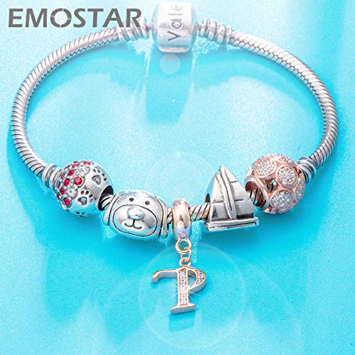 EMOSTAR Letter Charms Initial A-Z Alphabet Beads, Rose Gold 925 Sterling Silver Dangle CZ Birthstone Pendant, Gifts for European Charm Bracelet/Mothers Day/Birthday - color: Letter P