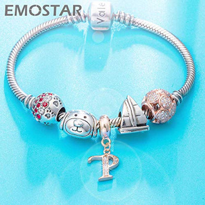 EMOSTAR Letter Charms Initial A-Z Alphabet Beads, Rose Gold 925 Sterling Silver Dangle CZ Birthstone Pendant, Gifts for European Charm Bracelet/Mothers Day/Birthday - color: Letter P
