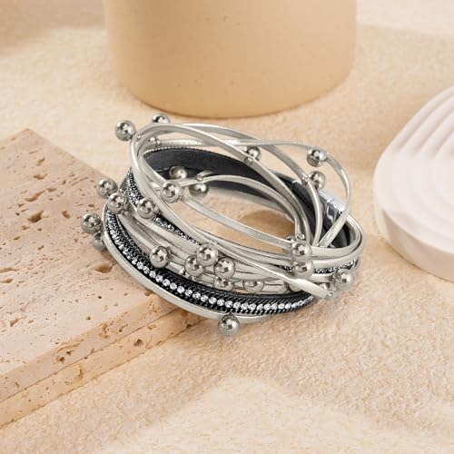 Wrapped Bracelets for Women,Leather Boho Bracelets for Women - color: Doubleloop-Grey