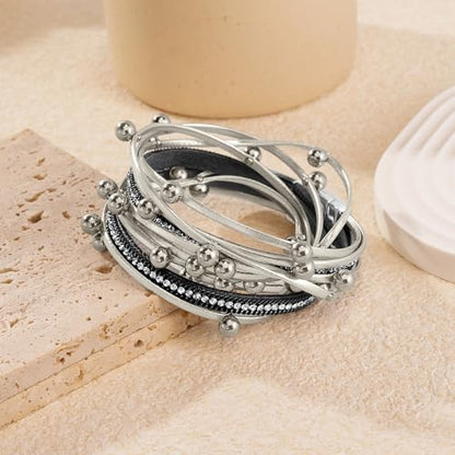 Wrapped Bracelets for Women,Leather Boho Bracelets for Women - color: Doubleloop-Grey