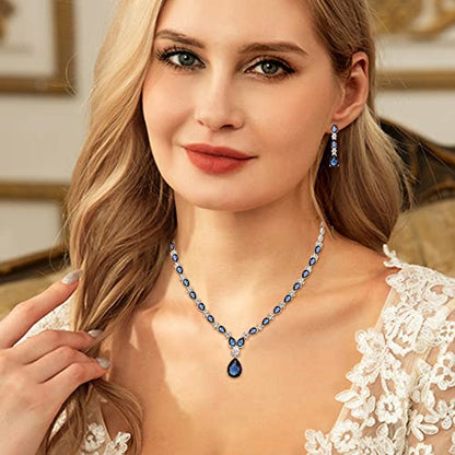EVER FAITH Pear Shaped Cubic Zirconia Bridal Wedding Jewelry Set for Women | Gorgeous Water Drop Bride Necklace Dangle Earrings, for Bride Bridesmaid - color: Blue