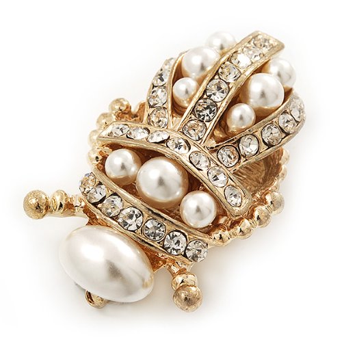 Clear Crystal/Simulated Pearl Egyptian 'Scarab' Beetle Brooch In Gold Plating - 4.5cm Length