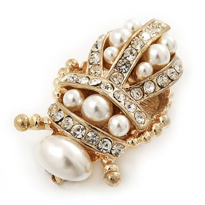 Clear Crystal/Simulated Pearl Egyptian 'Scarab' Beetle Brooch In Gold Plating - 4.5cm Length