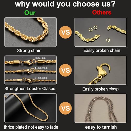 24K Gold Plated Rope Chain Stainless Steel Twist Chain Necklace Men Women - color: 24K Gold-Plated, size: 22 Inches