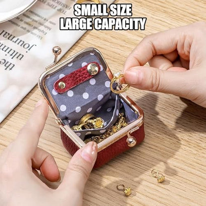 Genuine Leather Mini Jewelry Box & Coin Purse for Women, Travel Jewelry Case with Kiss Lock, Holds Earrings, Rings, Necklace, Bracelet, Coins (Blue) - color: Blue