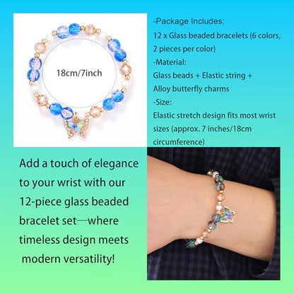 12 Pcs Butterfly Glass Beaded Stretch Bracelets for Women, 6 Colors Crackle Crystal Bead Elastic Bracelet Set with Enamel Charm, Stackable Handmade Jewelry Gift for Daily & Party Wear