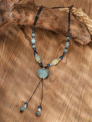 MINACHI Boho Hippie Colorful Ceramic Heart Bead Strand Necklace, Bohemian Summer Statement Jewelry Gift for Women - color: S03