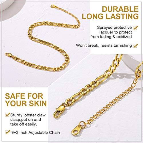 Adjustbale Link Chain Anklet for Women Summer Jewelry, 316L Stainless Steel Figaro/Wheat/Twist Rope/Cuban Foot Bracelet-Waterproof, Resizable 9"-12" (Gift Box Included) - color: 3, Figaro - Gold