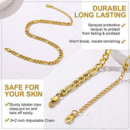 Adjustbale Link Chain Anklet for Women Summer Jewelry, 316L Stainless Steel Figaro/Wheat/Twist Rope/Cuban Foot Bracelet-Waterproof, Resizable 9"-12" (Gift Box Included) - color: 3, Figaro - Gold