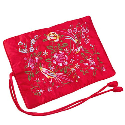 TUMBEELLUWA Embroidery Travel Jewelry Bag Roll Embroidered Flower and Bird Brocade Organizer with Tie Close - color: #5 Red