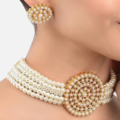 Aheli Pearl Diamond Choker Necklace & Round Earrings Gift for Women Indian Traditional Bollywood Fashion Bharatanatyam jewellery set - color: White 1