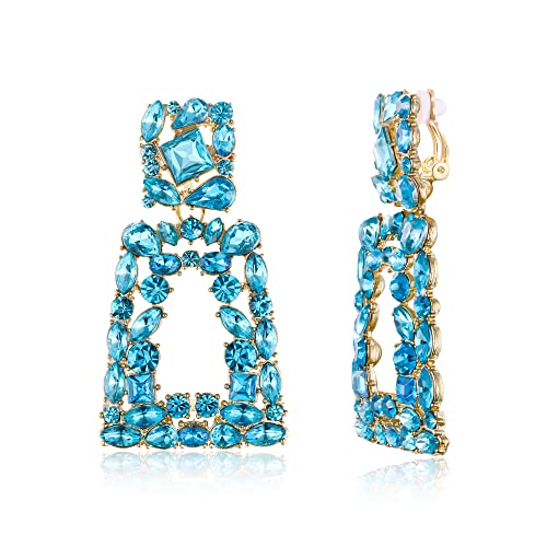 Flyonce Rectangle Clip-on Drop Earrings for Women, Sparkly Rhinestone Crystal Geometric Statement Non Pierced Earring Wedding Prom Party Jewelry for Brides Bridesmaid - color: Light Blue
