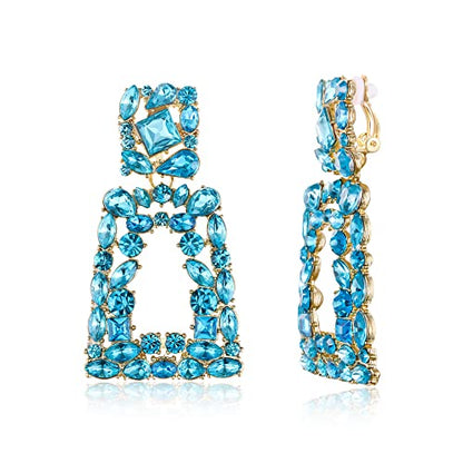 Flyonce Rectangle Clip-on Drop Earrings for Women, Sparkly Rhinestone Crystal Geometric Statement Non Pierced Earring Wedding Prom Party Jewelry for Brides Bridesmaid - color: Light Blue