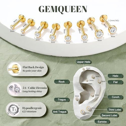GEMQUEEN 4 Pairs 16G/18G/20G G23 Titanium Implant Grade Nose Studs Threadless Flat Back Earrings Hypoallergenic Flatback 5A CZ Cartilage Helix Tragus Conch Tiny Lip Piercing Jewelry for Women Men - color: Gold 16G(1.2MM)-Bar-6/8MM&CZ-2/3/4MM