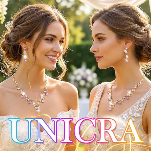 Gold Rhinestone Jewelry Set Bridal Wedding Necklace Earrings Sets Prom Formal Costume Jewelry for Women and Brides - color: Purple