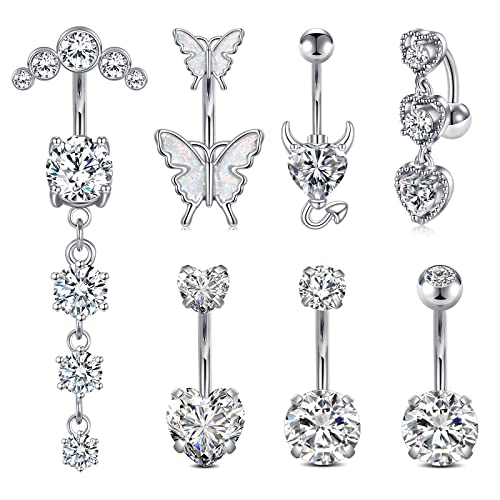Anicina Belly Button Rings 14G Diamond CZ Belly Rings Surgical Stainless Steel Navel Rings Butterfly Heart Devil Belly Button Piercing Jewelry for Women - color: SetA-silver05