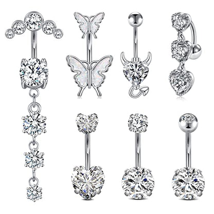 Anicina Belly Button Rings 14G Diamond CZ Belly Rings Surgical Stainless Steel Navel Rings Butterfly Heart Devil Belly Button Piercing Jewelry for Women - color: SetA-silver05