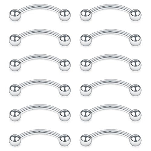 SCERRING 12PCS 16G Stainless Steel Curved Barbell Eyebrow Tragus Helix Ear Belly Lip Ring Body Piercing Jewelry - style: 6mm w Balls