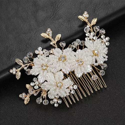 Flower Leaf Design Wedding Hair Comb, Metal Bridal Hair Accessory with Rhinestone, Wedding Prom Hair Clip Headpiece for Women (Gold Flower Crystal) - color: Gold Flower Crystal