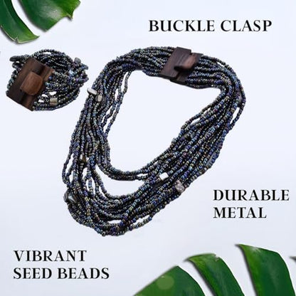 Shop LC Seed Bead Necklace Bracelet Set Boho Jewelry for Women | Multi Layered Boho, Wooden Clasp, 18 Inch Necklace, Stretchable Bracelet - color: Peacock