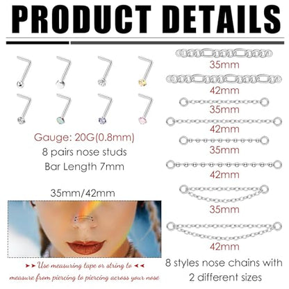 Stainless Steel Nose Rings Chain Horseshoe Nose Ring Body Piercing Jewelry | African Star Heart Studs Horseshoe Nose Cuff Septum Chain Body Piercing Jewelry Set for Women Men, Silver - color: Silver