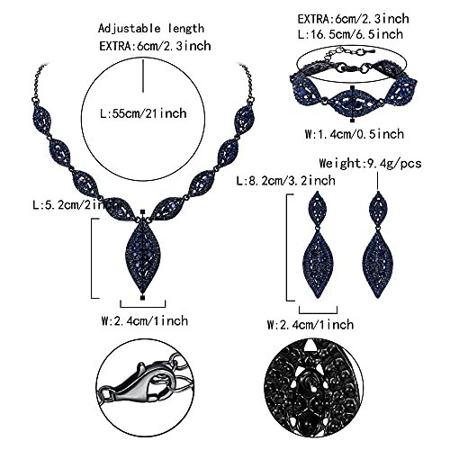 Flyonce Wedding Jewelry Set Rhinestone Crystal Bridal Leaf Necklace Drop Dangle Chandelier Earrings Sets for Women - color: Navy Blue