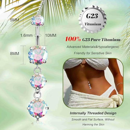 G23 Titanium Dangle Belly Button Rings for Women Dangling Navel Rings CZ Belly Rings Curved Barbell Internally Threaded Belly Piercing Jewelry - color: Colourful