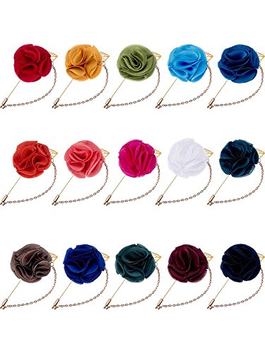 Shappy 15 Pcs Men's Satin Lapel Flower Pins with Metal Chain, Handmade Multi-color Boutonniere Pins with Gift Box for Career Suit Tuxedo of Shirts Tie Birthday Wedding Party Supply