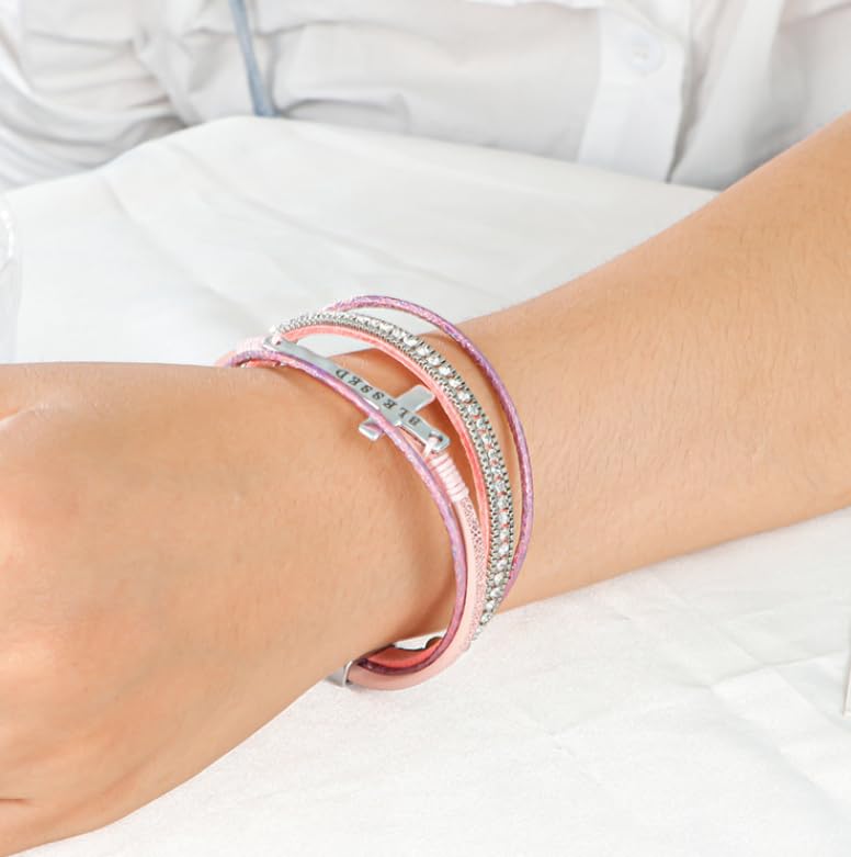 Religious Cross Engraved Blessed Leather Wrap Match Strand Bracelet for Women Multi-Layer Boho Beaded Cuff Bangle Bracelet Christian Jewelry - color: Grey