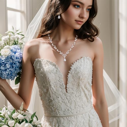 Gorgeous Wedding Jewelry Set for Women Bridal Cubic Zirconia Marquise Teardrop Leaf Cluster Y-Necklace Dangle Earrings Link Bracelet - color: 2PCS-Clear Rose-Gold-Plated-Brass