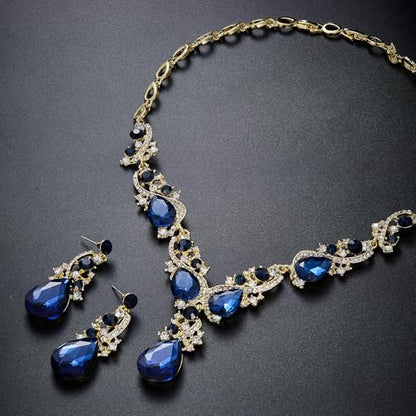 Women's Wedding Bridal Crystal Multi Teardrop Cluster Statement Necklace Dangle Earrings Set - color: Sapphire Color Gold-Tone