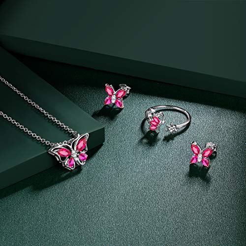 925 Sterling Silver Birthstone Butterfly Jewelry Women Crystal Animal Cute Butterflies Birthday Necklace/Earring/Ring/Bracelet Sets Birth Stone Statement Anniversary Jewellery - color: 2-G.July-Ruby