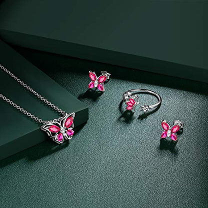925 Sterling Silver Birthstone Butterfly Jewelry Women Crystal Animal Cute Butterflies Birthday Necklace/Earring/Ring/Bracelet Sets Birth Stone Statement Anniversary Jewellery - color: 2-G.July-Ruby