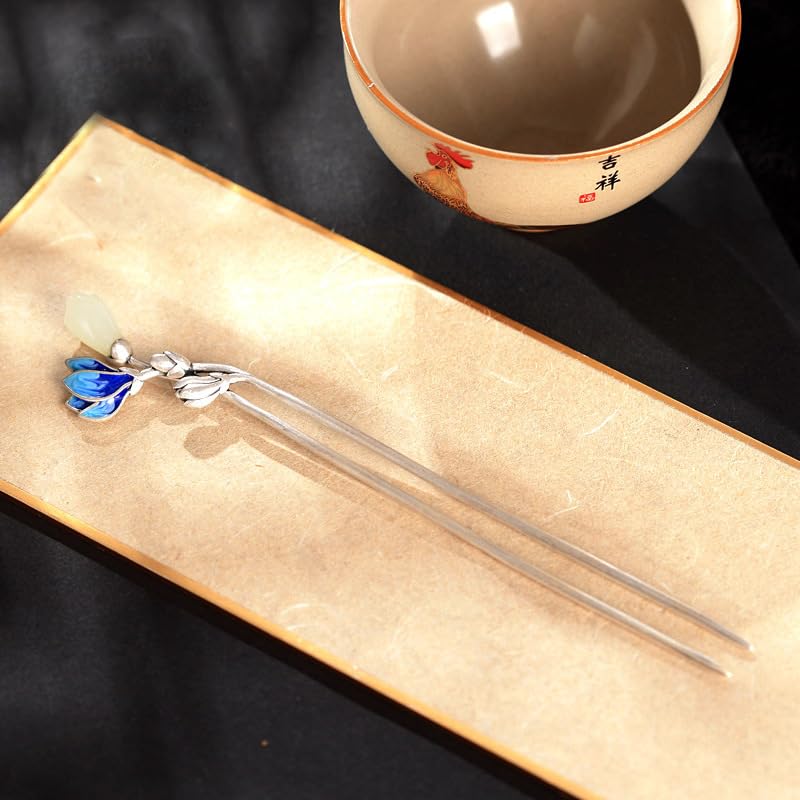 S925 Silver Plated Jingde Blue with Jade Hairpin Chinese Hanfu Style Hair Sticks Retro Handmade Hair Clip for Women Girls Long Hair - color: Lotus Butterfly