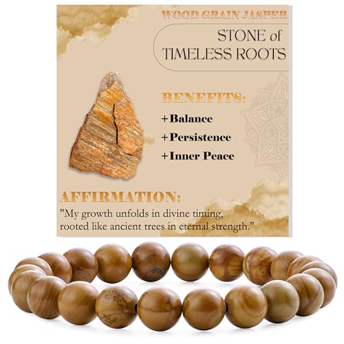 Bivei 8mm Beaded Bracelets for Women Handmade Semi Precious Natural Stone Stretch Elastic Jewelry Yoga Protection Gifts - color: Wood Grain Jasper-Steady Growth, size: Medium 6.8-7.3 inch