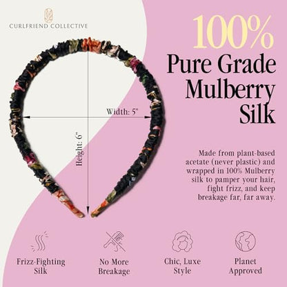 Curlfriend Collective Midnight Blooms Comfort Curve Silk Headband | Luxury 100% Mulberry Silk, Wide Non-Slip, No Headache, for Curly & Textured Hair for Women - color: Midnight Blooms