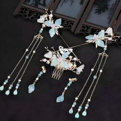Hanfu Hair Accessories Set Green Butterfly Tassel Chinese Vintage HairStick | Hair Sticks, Butterfly Tassel Hairpin Comb, Earrings Kit, Rhinestone Pearl, Wedding Bridal Cosplay Daily Wear