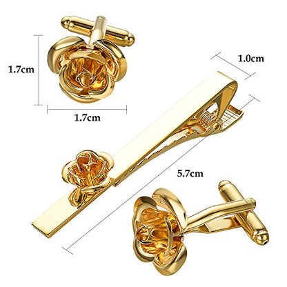 Pearl Rose Tie Clip Cufflinks Set for Men Gold Silver Gun-black Cufflinks and Tie Clip Groom Wedding Business Jewelry - style: Rose Set-Gold