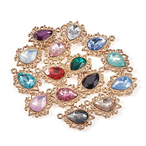 Cheriswelry 30Pcs Teardrop Resin Rhinestone Pendants with Light Gold Alloy Findings Water Drop Faceted Rhinestone Dangle Charms 24.5mm for Women DIY Necklace Earring Bracelet - color: Mixed Color*14