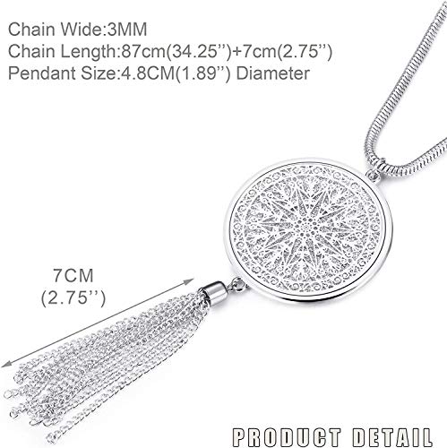 3PCS Long Pendant Necklaces for Women Disk Circle Pendant Triple Stack Pendant Necklace Tassel Sweater Necklace Statement Necklace Y Necklaces Set - color: Silvertone B